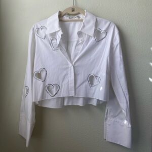 Alice + Olivia White Heart Embellished Blouse